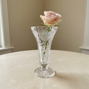 Vintage Anna Hutte Bleikristall Lead Crystal Etched Rose Vase-Germany-Bud-Floral